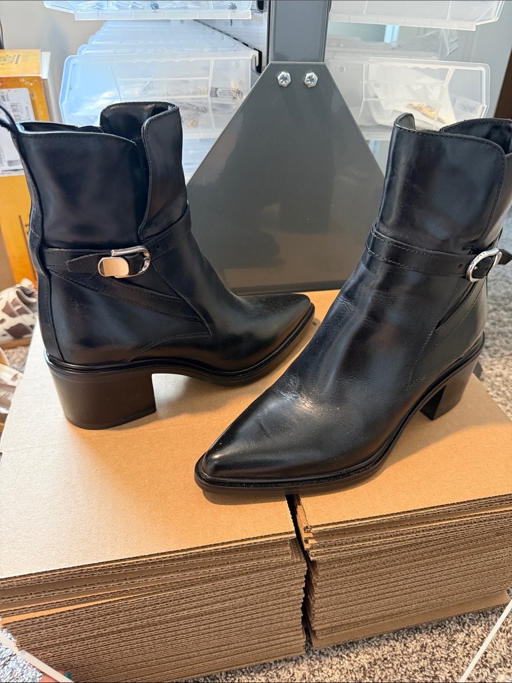 Classic Black Leather Pointed Toe Ankle Boots